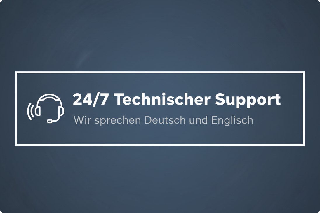 create me a image with a text and design in german, the idea is tell we have  24/7 technical support, we speak German, and English. create it minimalistic with german audience