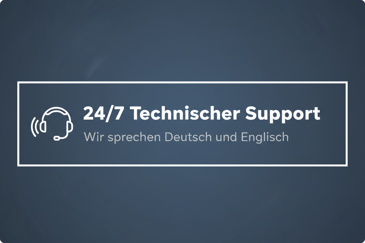 create me a image with a text and design in german, the idea is tell we have  24/7 technical support, we speak German, and English. create it minimalistic with german audience